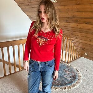 Red graphic Harley Davidson long-sleeve cotton  top with a flame graphic